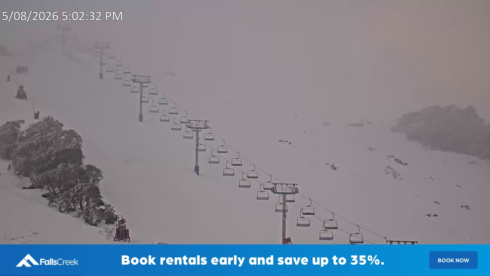 Falls Creek Scott Chair (Top) snow cam captured at 5 August 2026 at 5:14 pm AEST