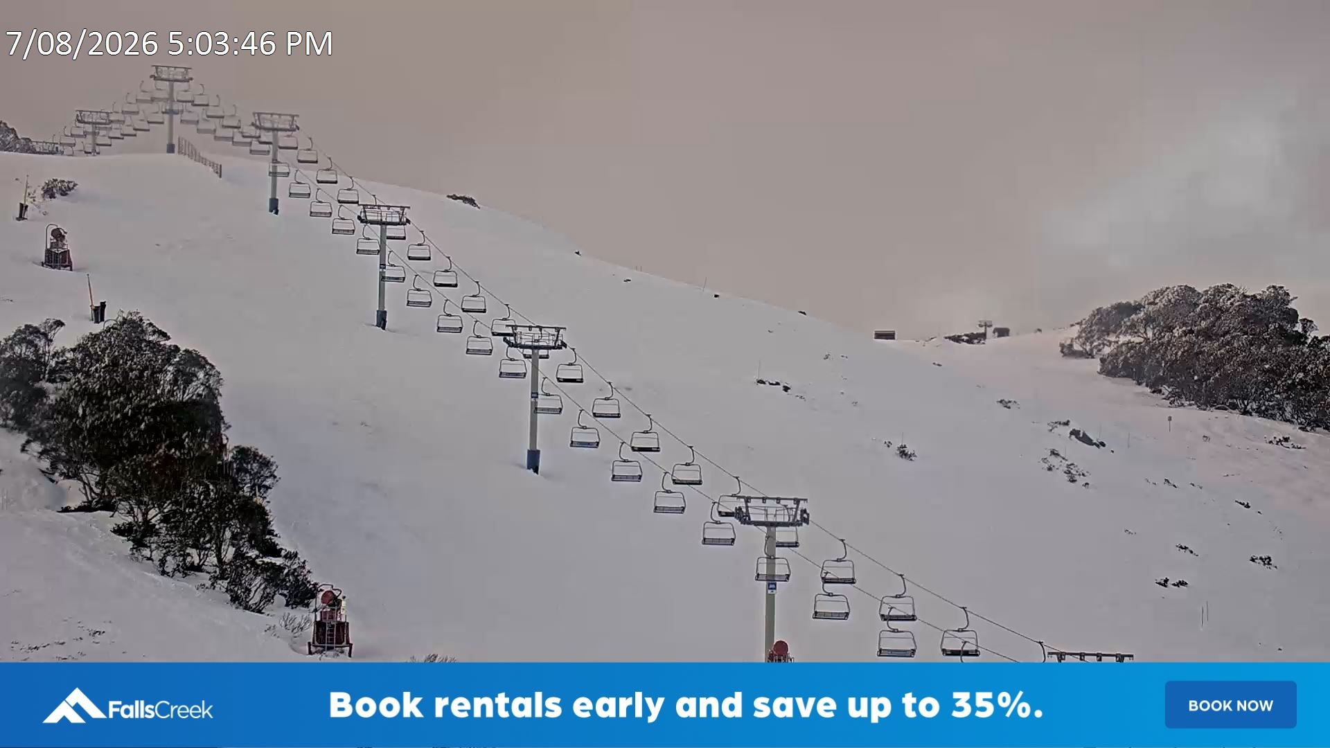 Falls Creek Scott Chair (Top) snow cam captured at 7 August 2026 at 5:14 pm AEST