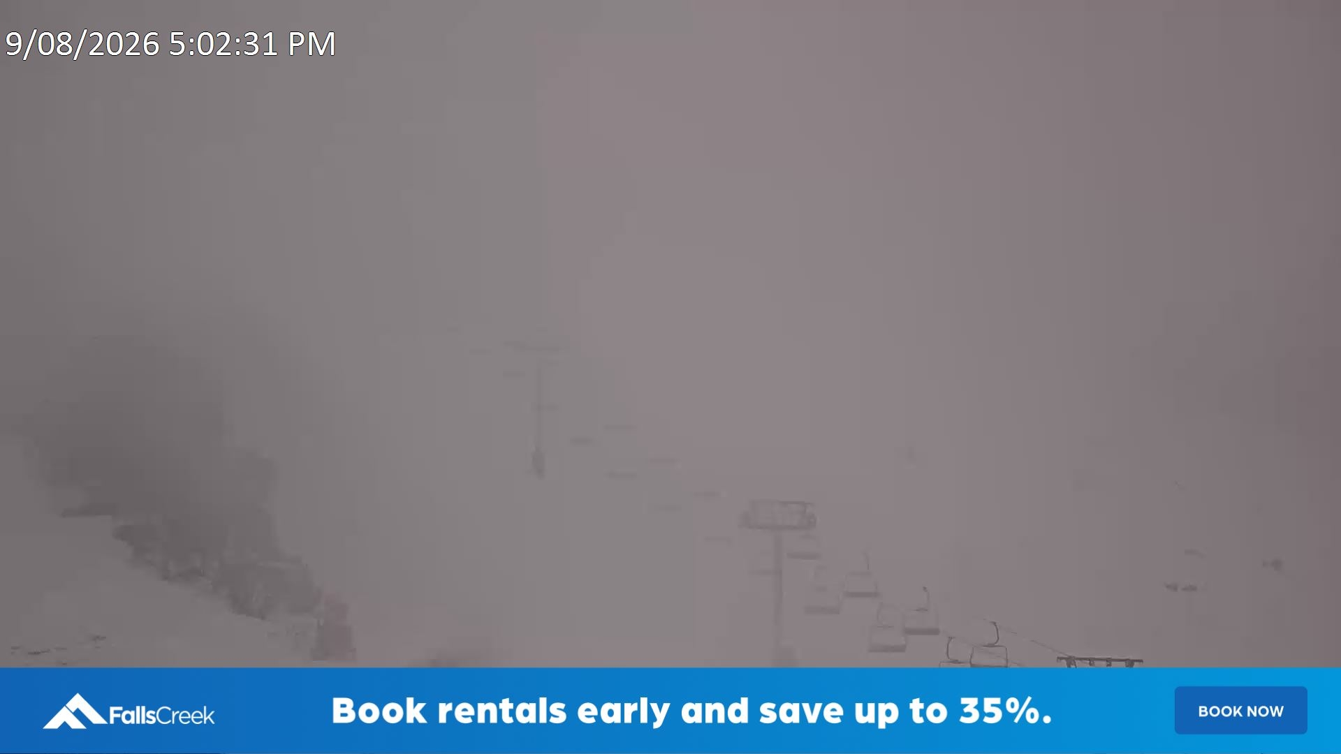 Falls Creek Scott Chair (Top) snow cam captured at 9 August 2026 at 5:16 pm AEST