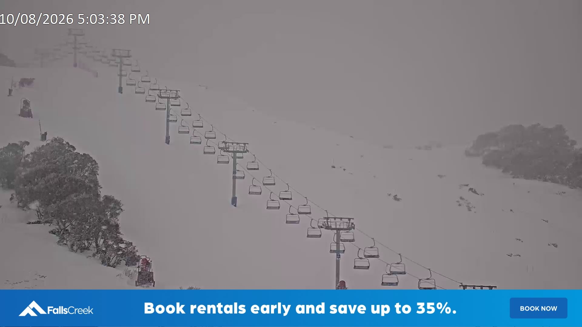 Falls Creek Scott Chair (Top) snow cam captured at 10 August 2026 at 5:11 pm AEST