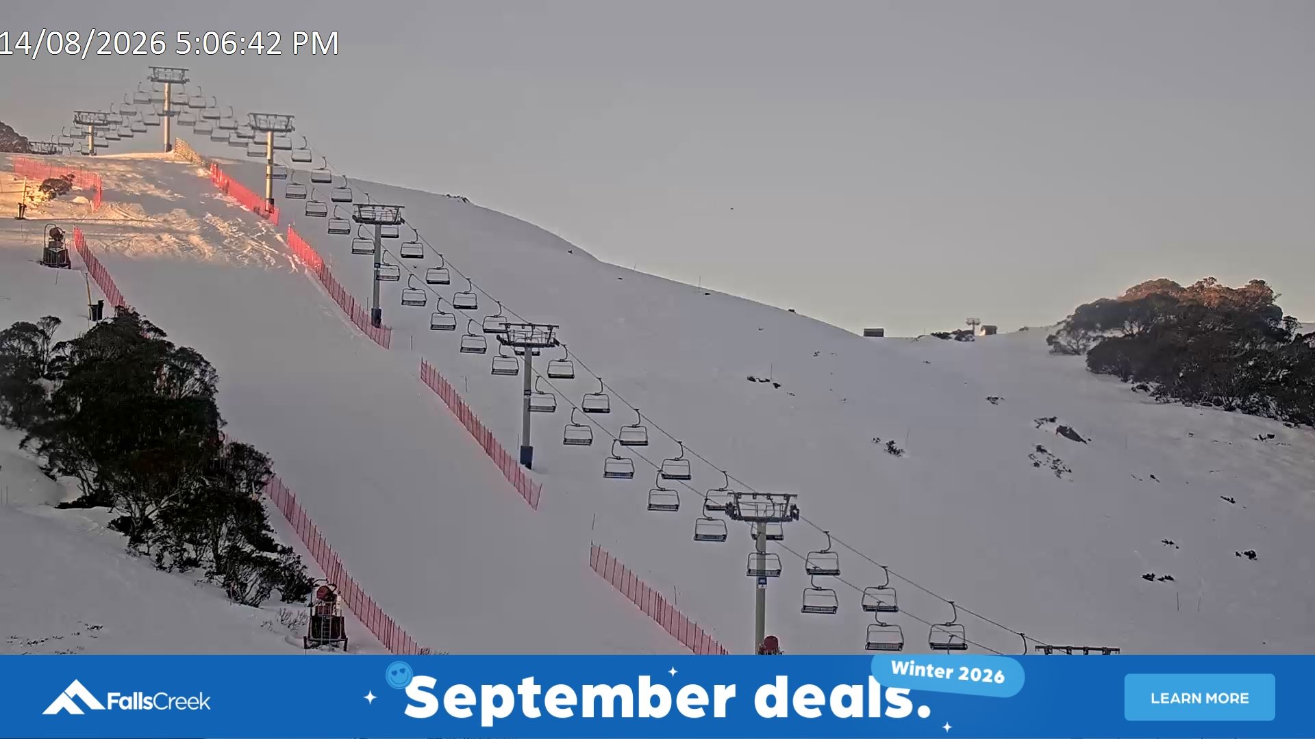Falls Creek Scott Chair (Top) snow cam captured at 14 August 2026 at 5:19 pm AEST