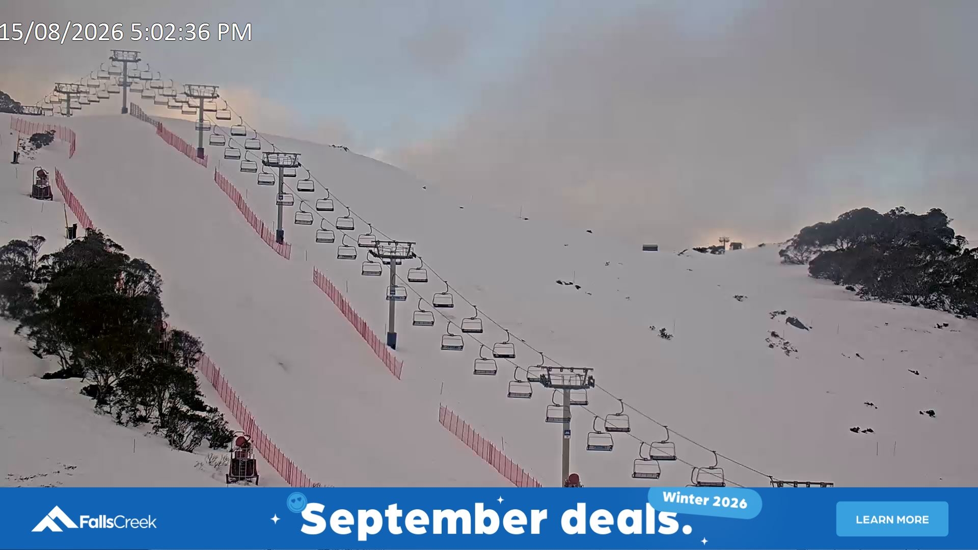Falls Creek Scott Chair (Top) snow cam captured at 15 August 2026 at 5:20 pm AEST