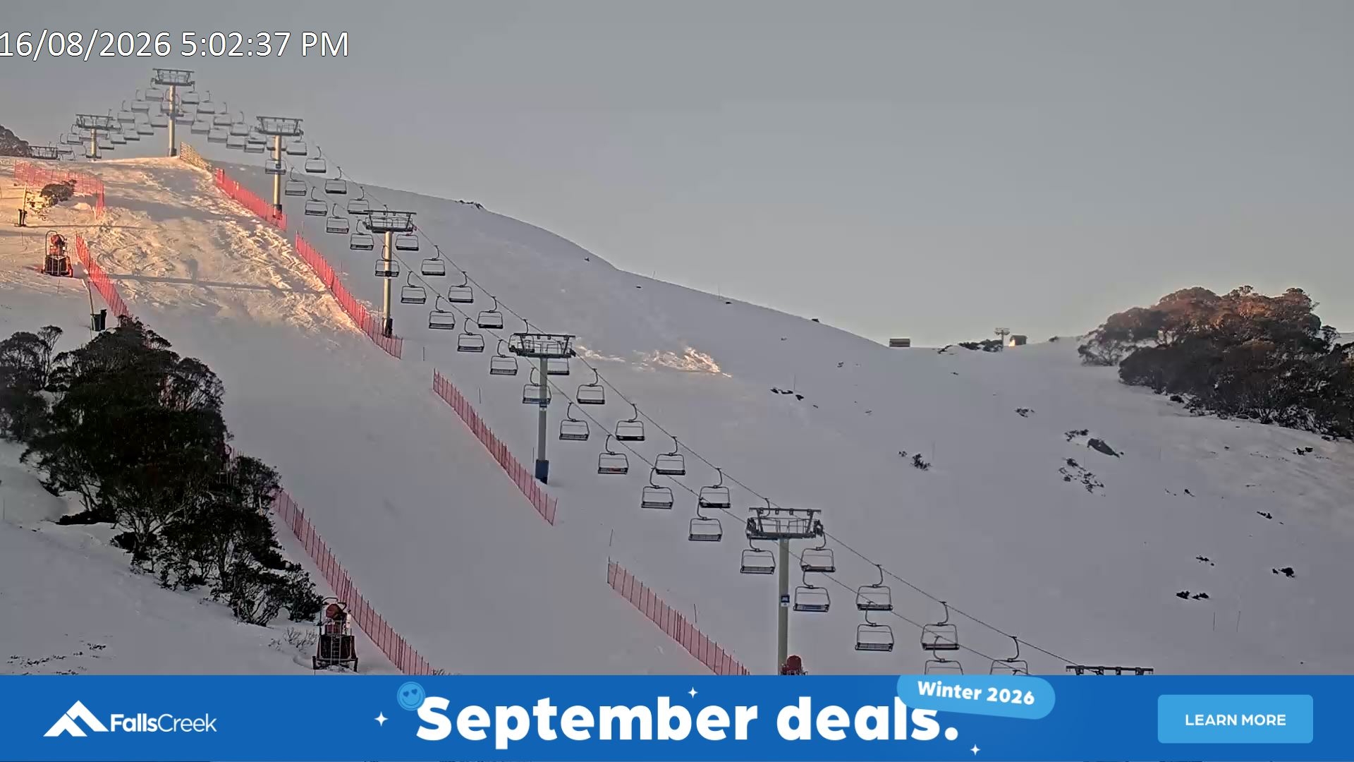 Falls Creek Scott Chair (Top) snow cam captured at 16 August 2026 at 5:21 pm AEST