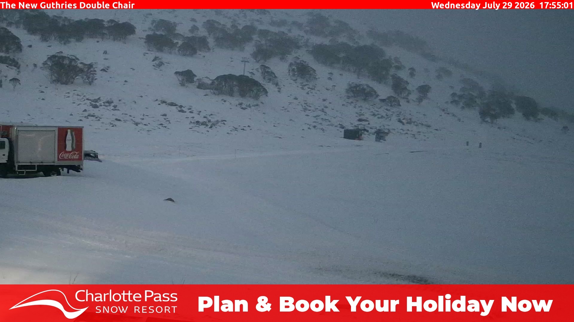 Charlotte Pass Guthries Double Chair snow cam captured at 29 July 2026 at 7:24 pm AEST