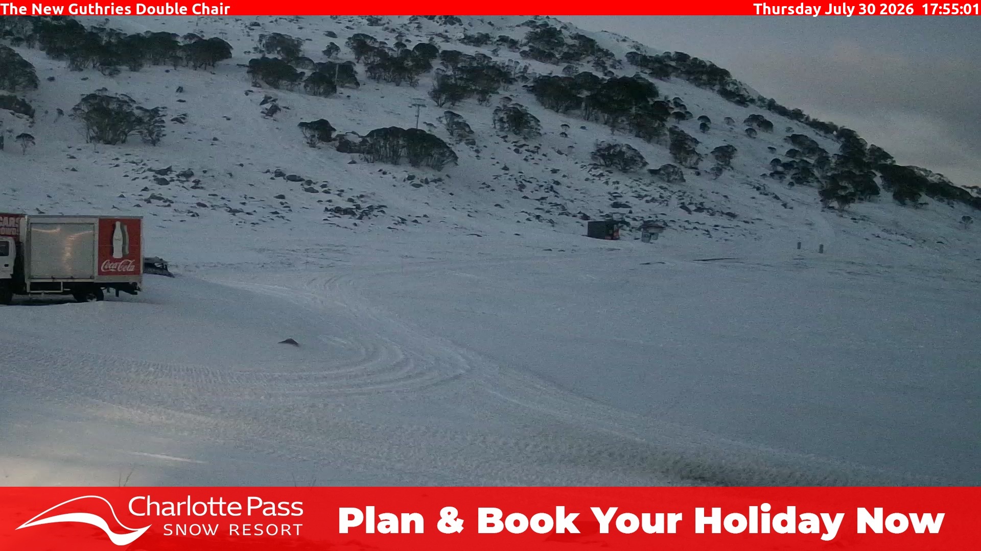 Charlotte Pass Guthries Double Chair snow cam captured at 30 July 2026 at 5:57 pm AEST