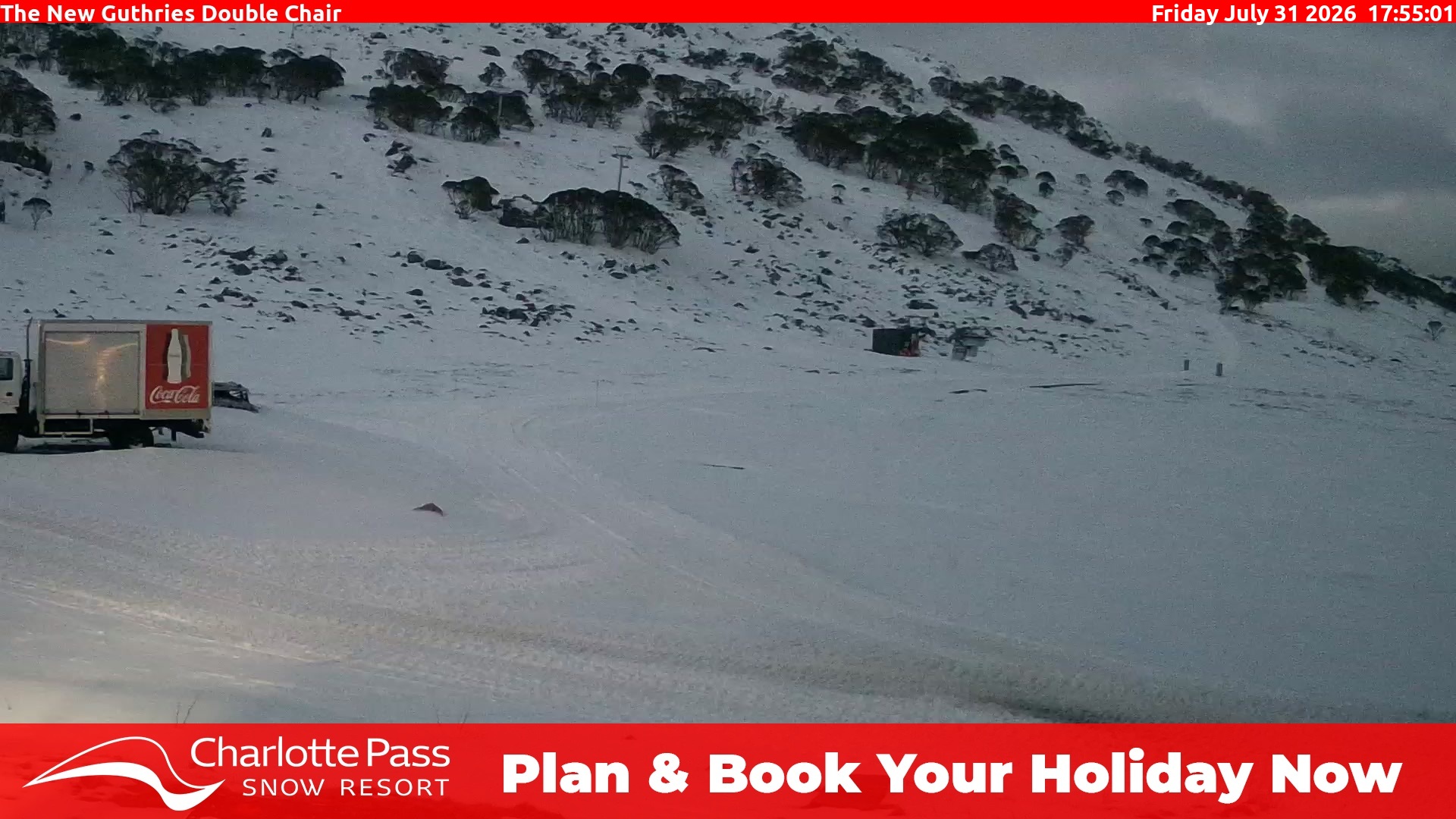 Charlotte Pass Guthries Double Chair snow cam captured at 31 July 2026 at 5:58 pm AEST
