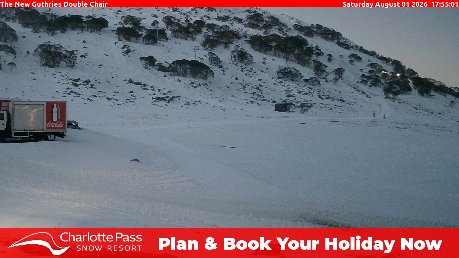 Charlotte Pass Guthries Double Chair snow cam captured at 1 August 2026 at 6:04 pm AEST