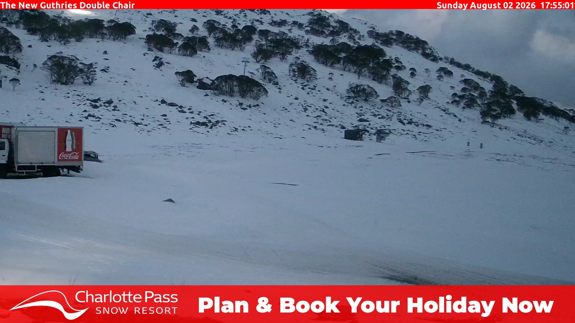 Charlotte Pass Guthries Double Chair snow cam captured at 2 August 2026 at 6:02 pm AEST