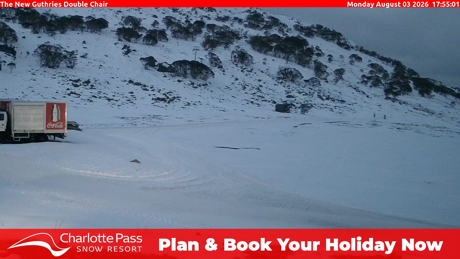 Charlotte Pass Guthries Double Chair snow cam captured at 3 August 2026 at 6:03 pm AEST