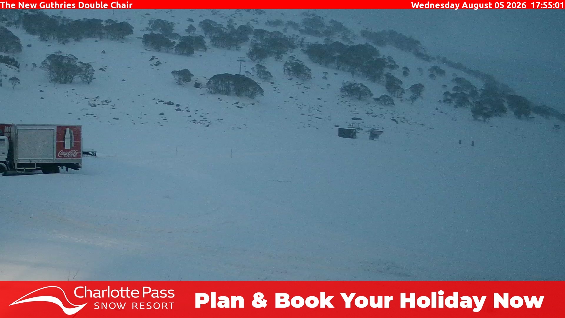 Charlotte Pass Guthries Double Chair snow cam captured at 5 August 2026 at 5:58 pm AEST
