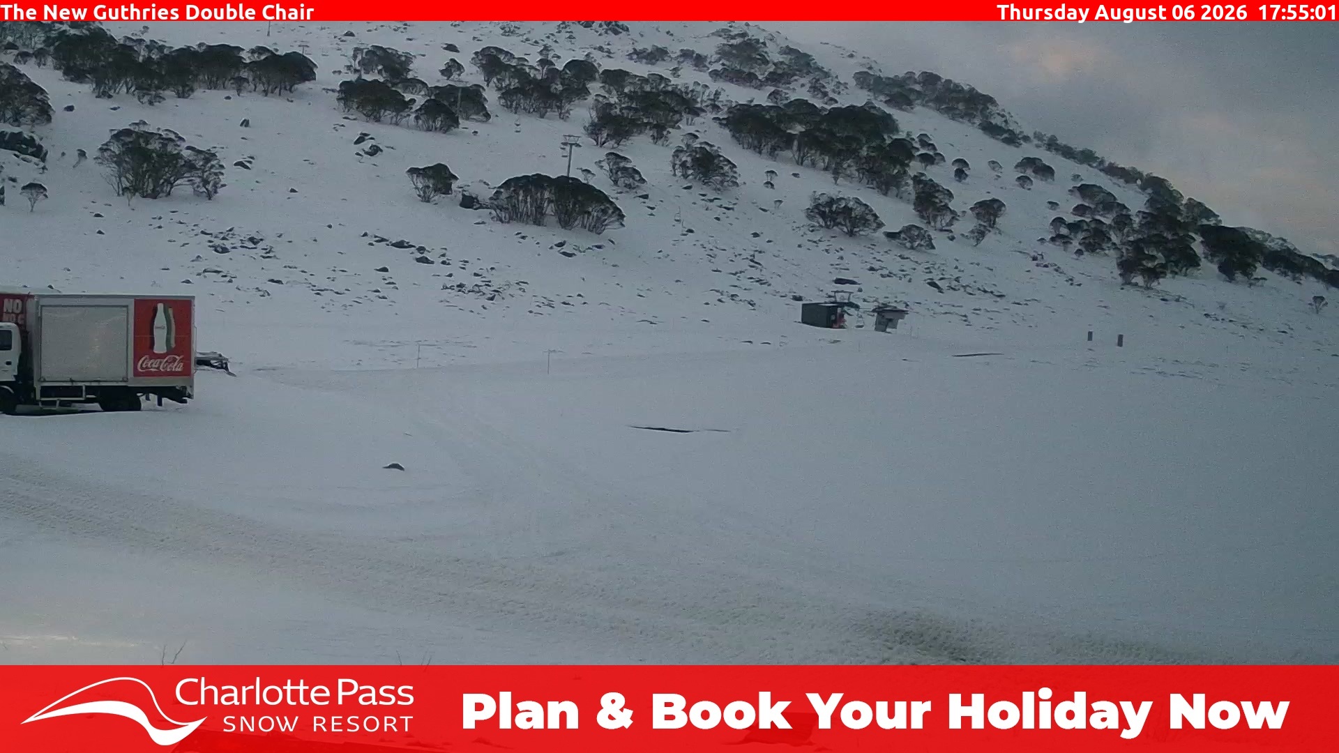 Charlotte Pass Guthries Double Chair snow cam captured at 6 August 2026 at 5:59 pm AEST
