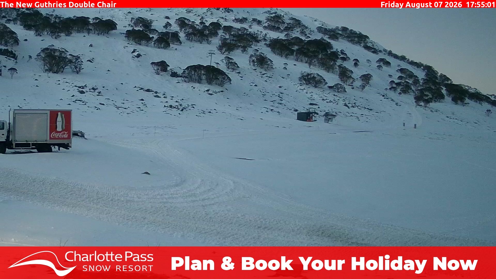Charlotte Pass Guthries Double Chair snow cam captured at 7 August 2026 at 6:00 pm AEST
