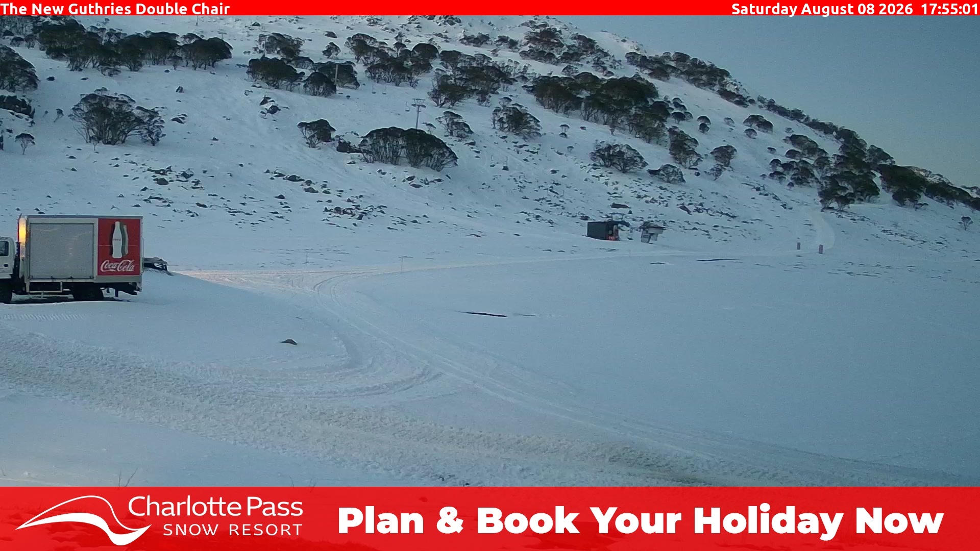 Charlotte Pass Guthries Double Chair snow cam captured at 8 August 2026 at 6:01 pm AEST