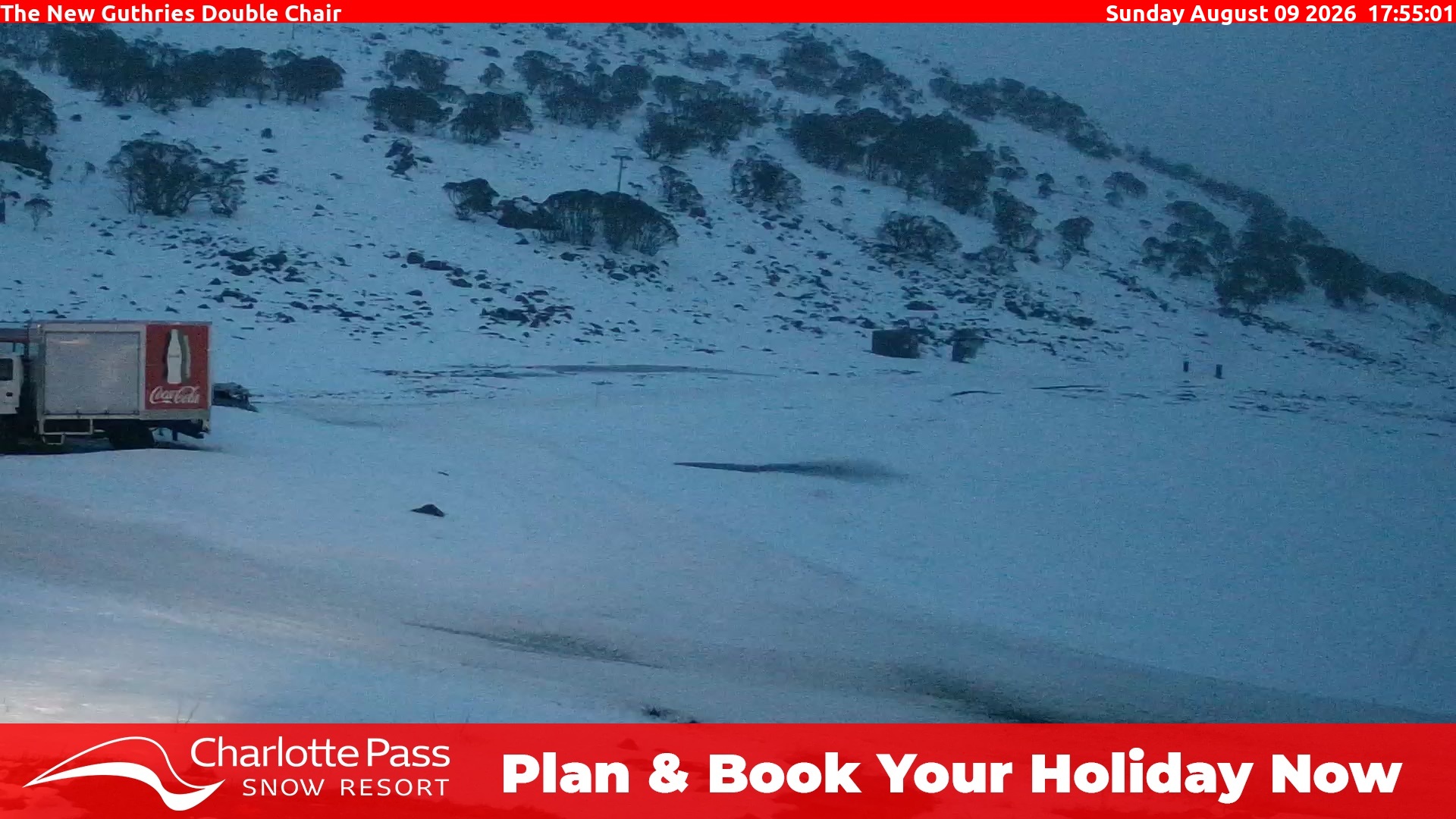 Charlotte Pass Guthries Double Chair snow cam captured at 9 August 2026 at 6:02 pm AEST