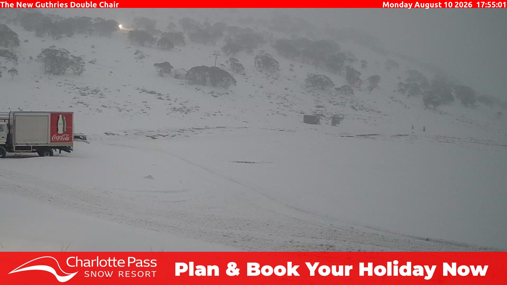 Charlotte Pass Guthries Double Chair snow cam captured at 10 August 2026 at 6:00 pm AEST