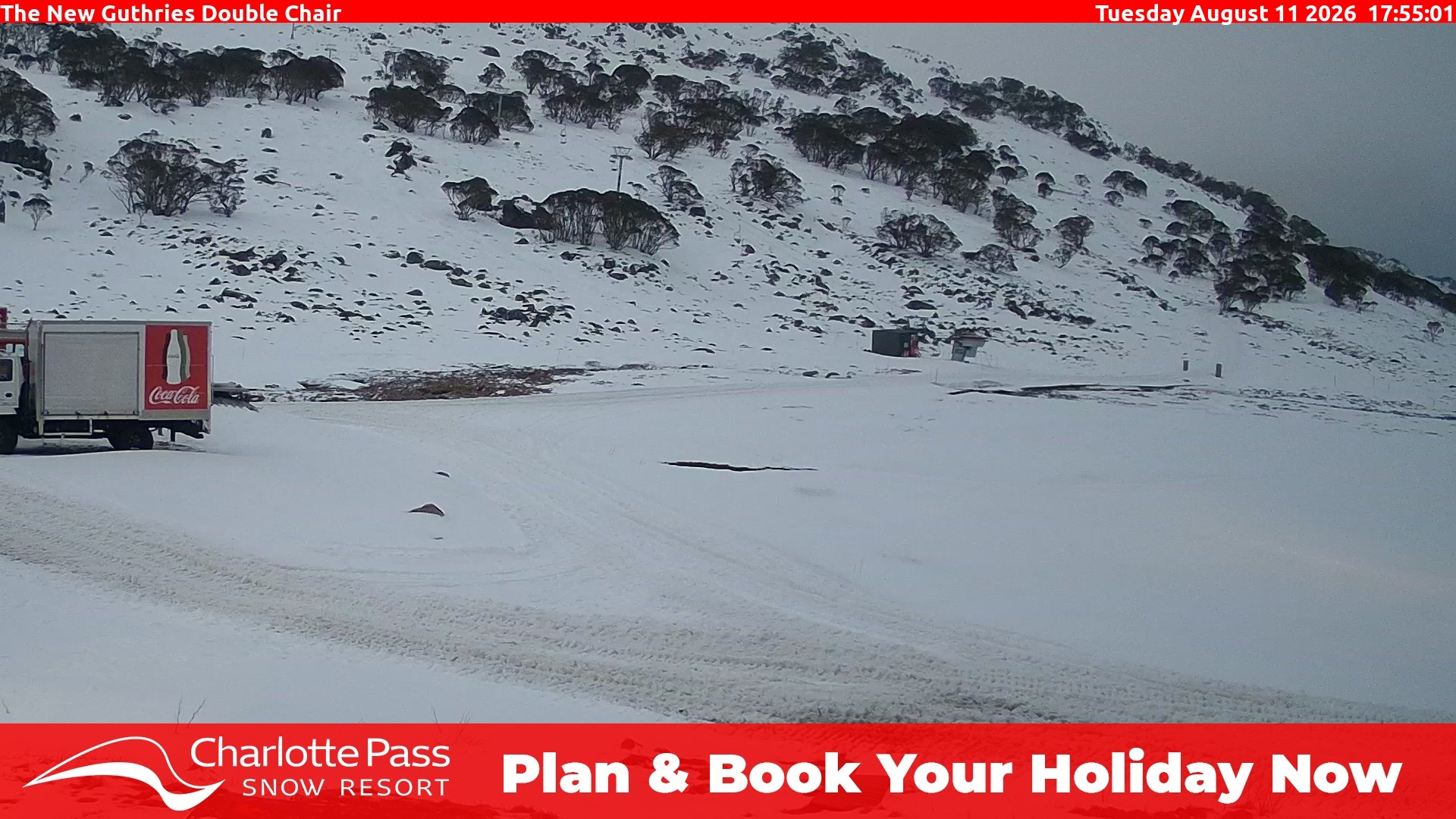 Charlotte Pass Guthries Double Chair snow cam captured at 11 August 2026 at 6:01 pm AEST