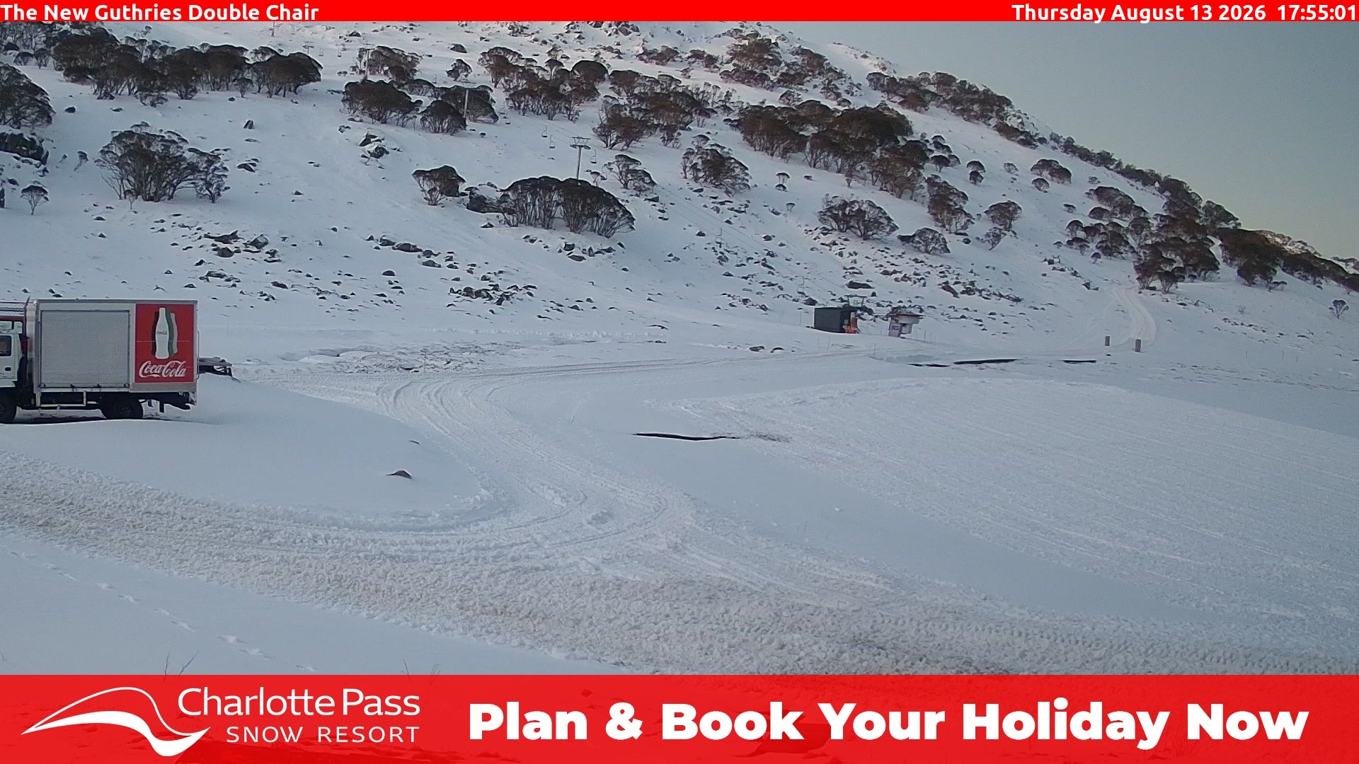 Charlotte Pass Guthries Double Chair snow cam captured at 13 August 2026 at 6:01 pm AEST