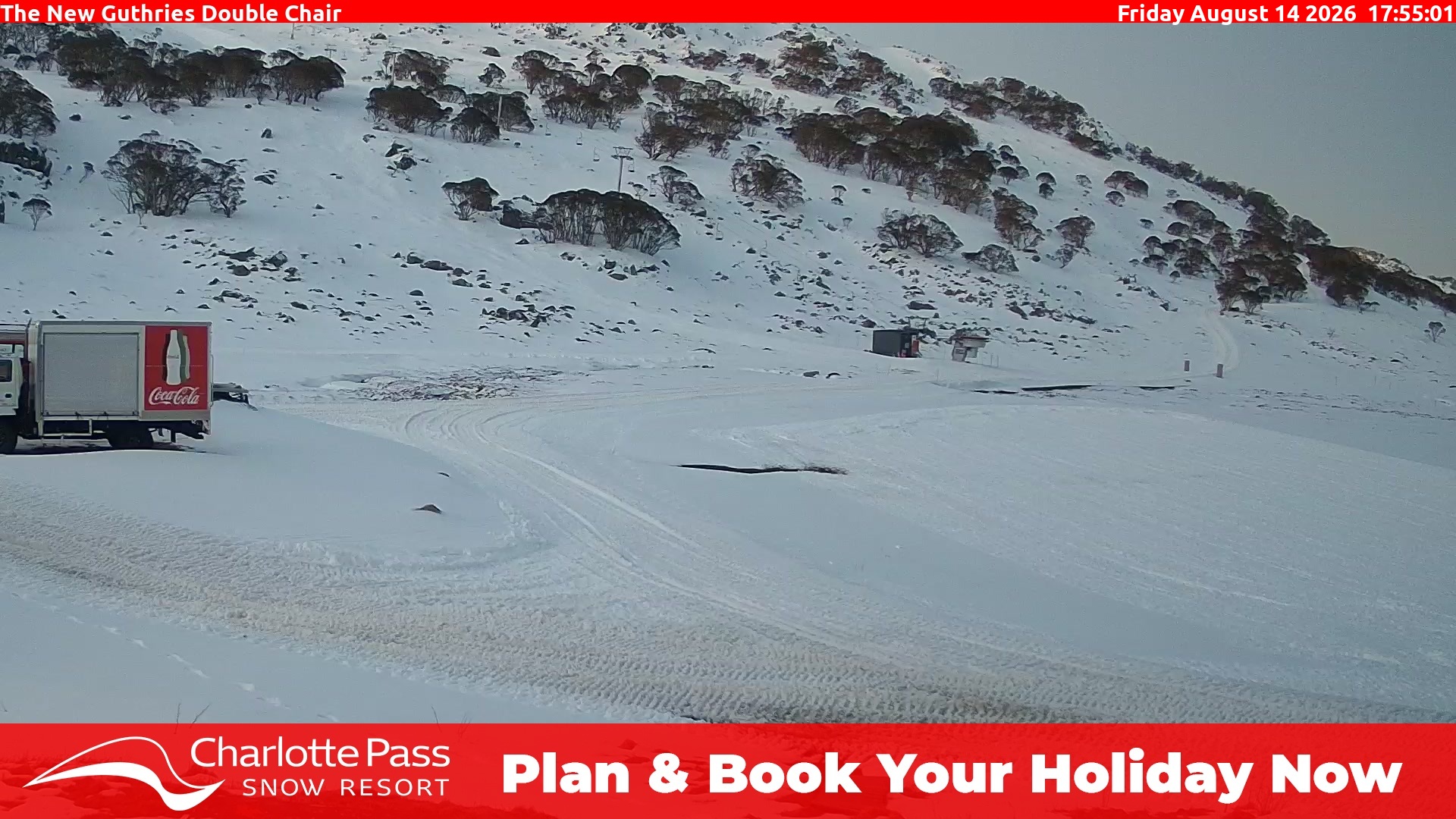 Charlotte Pass Guthries Double Chair snow cam captured at 14 August 2026 at 6:04 pm AEST