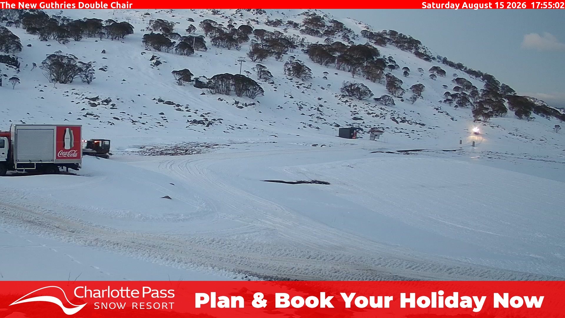 Charlotte Pass Guthries Double Chair snow cam captured at 15 August 2026 at 6:06 pm AEST
