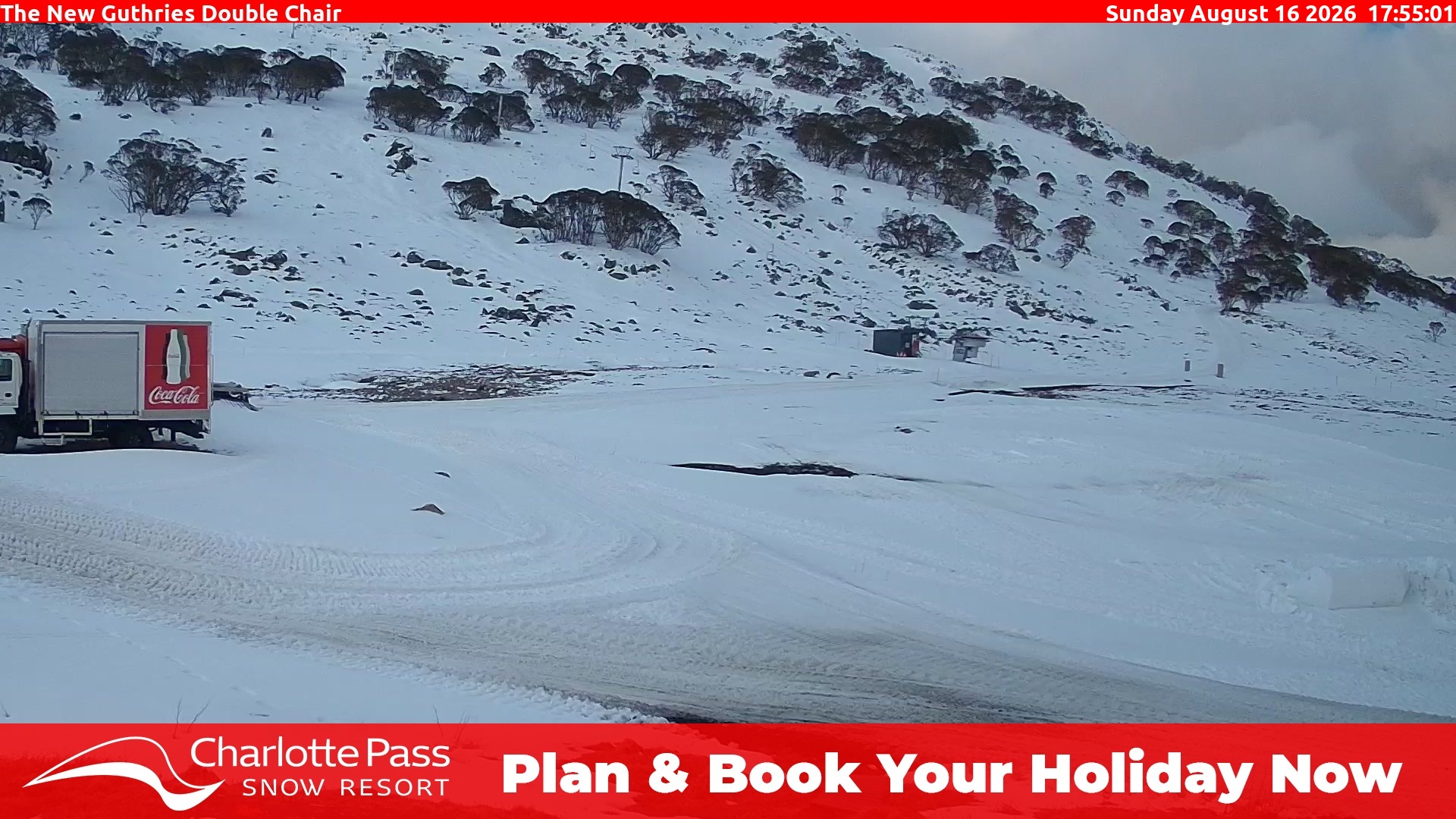 Charlotte Pass Guthries Double Chair snow cam captured at 16 August 2026 at 5:56 pm AEST