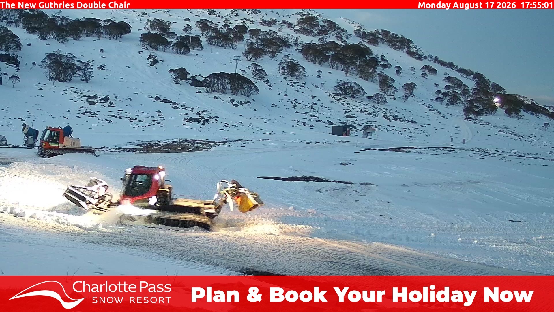 Charlotte Pass Guthries Double Chair snow cam captured at 17 August 2026 at 5:57 pm AEST