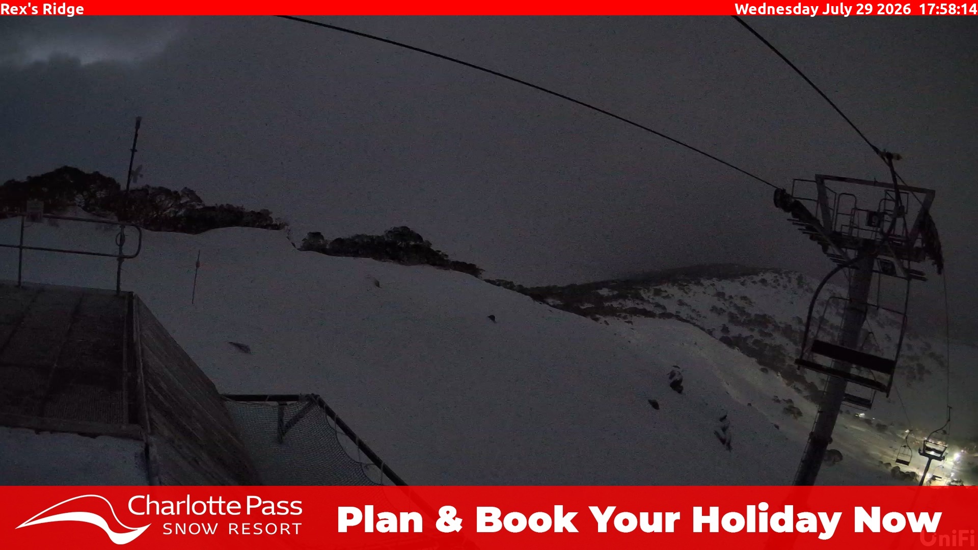 Charlotte Pass Rex's Ridge snow cam captured at 29 July 2026 at 7:24 pm AEST