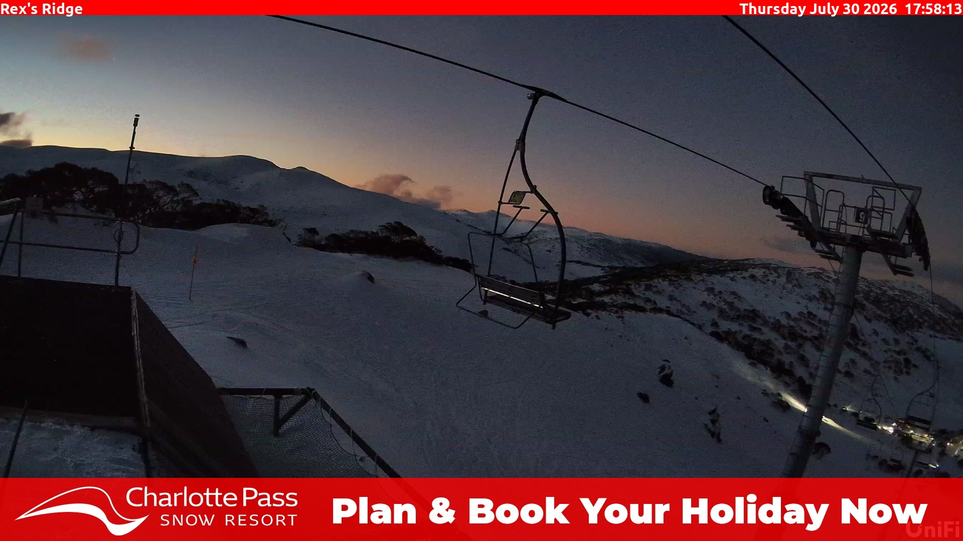 Charlotte Pass Rex's Ridge snow cam captured at 30 July 2026 at 6:08 pm AEST