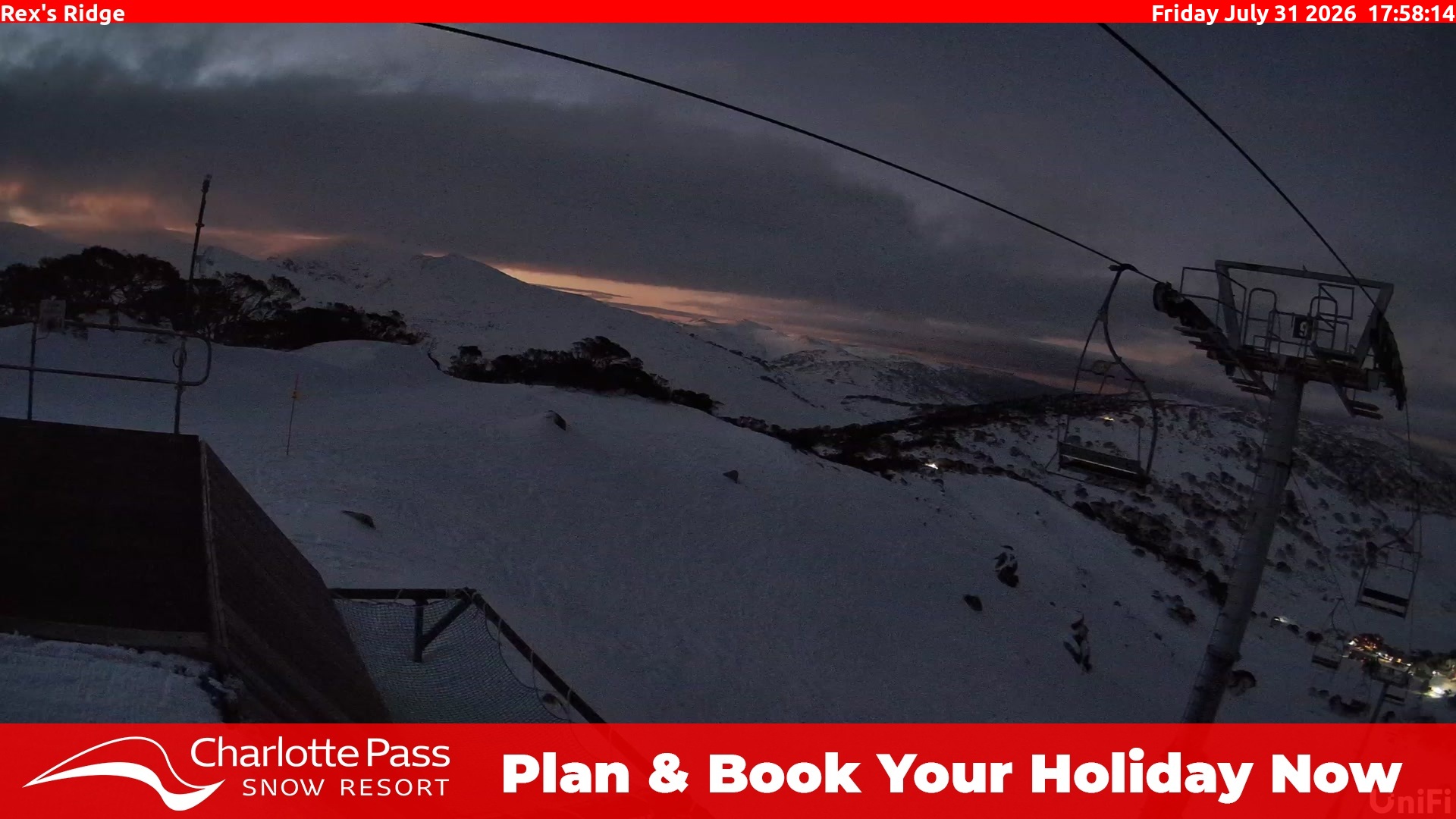 Charlotte Pass Rex's Ridge snow cam captured at 31 July 2026 at 5:58 pm AEST