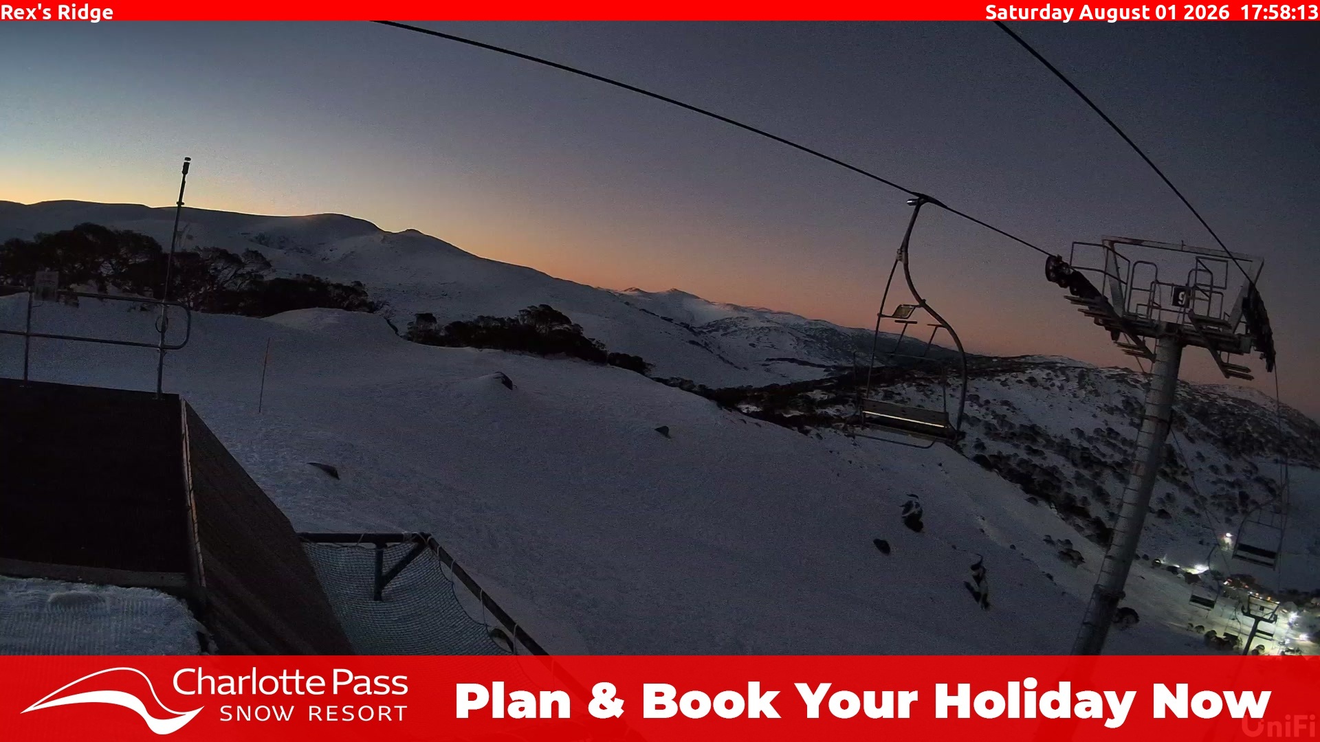 Charlotte Pass Rex's Ridge snow cam captured at 1 August 2026 at 6:06 pm AEST