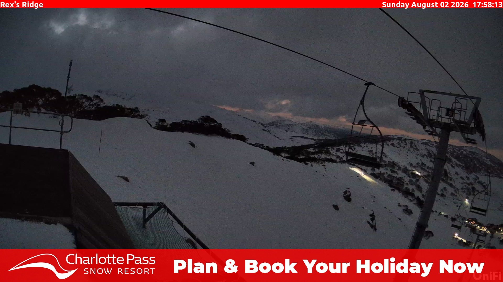 Charlotte Pass Rex's Ridge snow cam captured at 2 August 2026 at 6:03 pm AEST