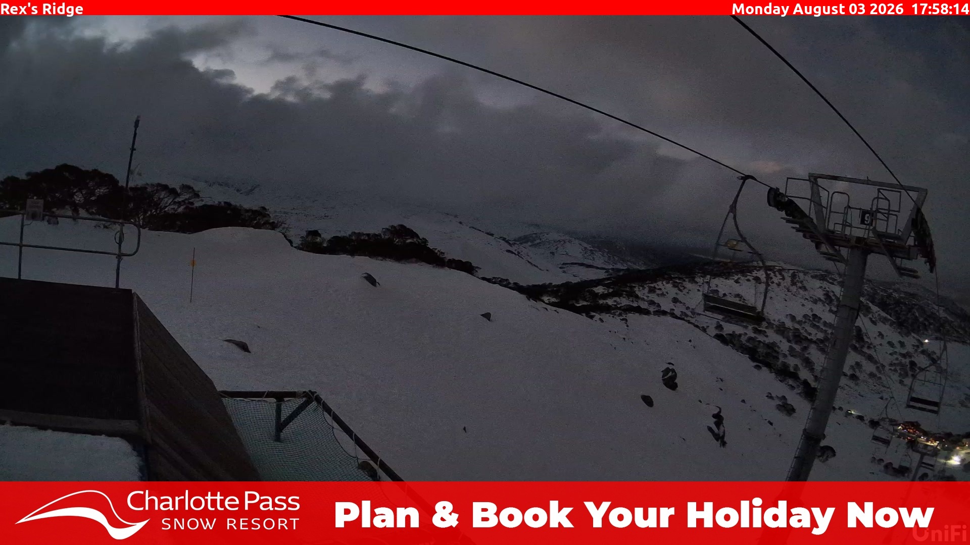 Charlotte Pass Rex's Ridge snow cam captured at 3 August 2026 at 6:04 pm AEST
