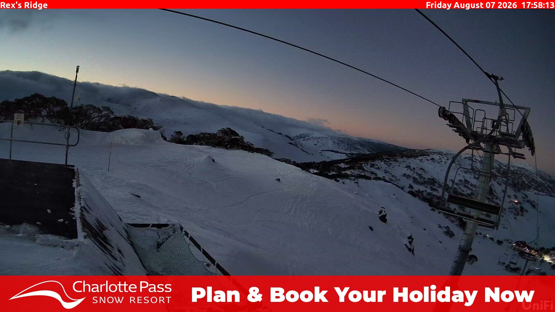 Charlotte Pass Rex's Ridge snow cam captured at 7 August 2026 at 5:59 pm AEST