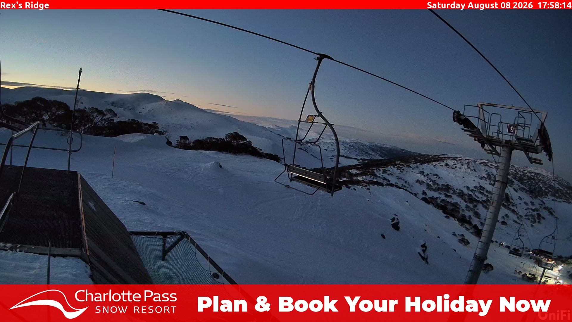 Charlotte Pass Rex's Ridge snow cam captured at 8 August 2026 at 6:00 pm AEST