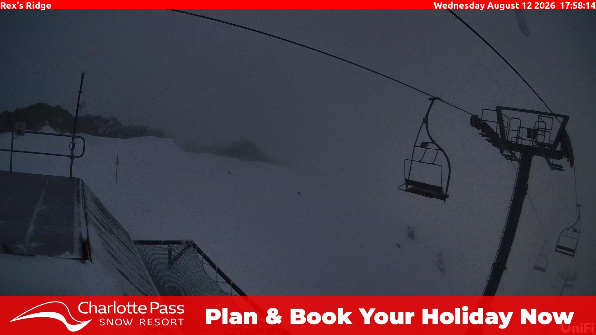 Charlotte Pass Rex's Ridge snow cam captured at 12 August 2026 at 6:01 pm AEST