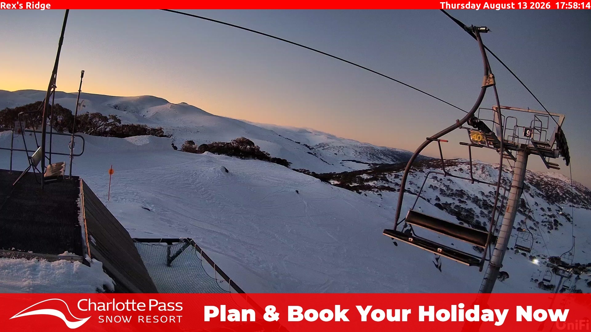 Charlotte Pass Rex's Ridge snow cam captured at 13 August 2026 at 6:02 pm AEST