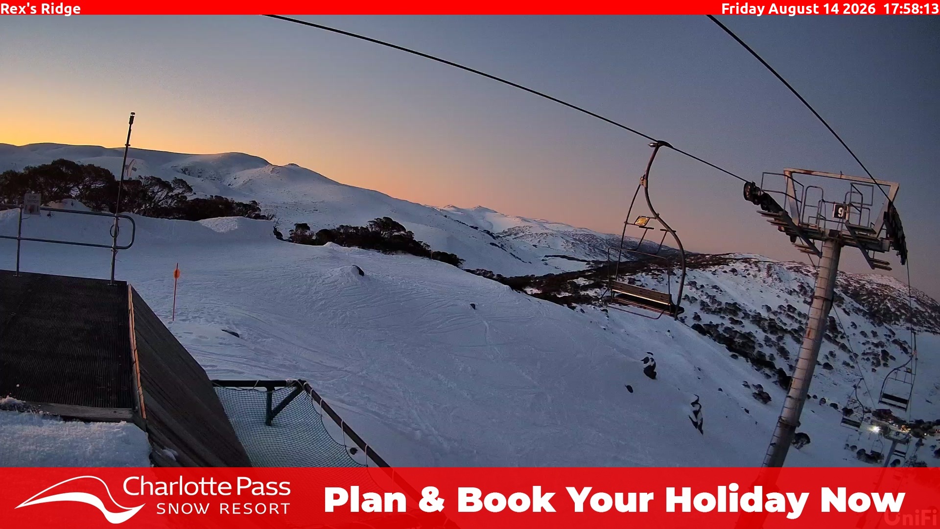 Charlotte Pass Rex's Ridge snow cam captured at 14 August 2026 at 6:04 pm AEST