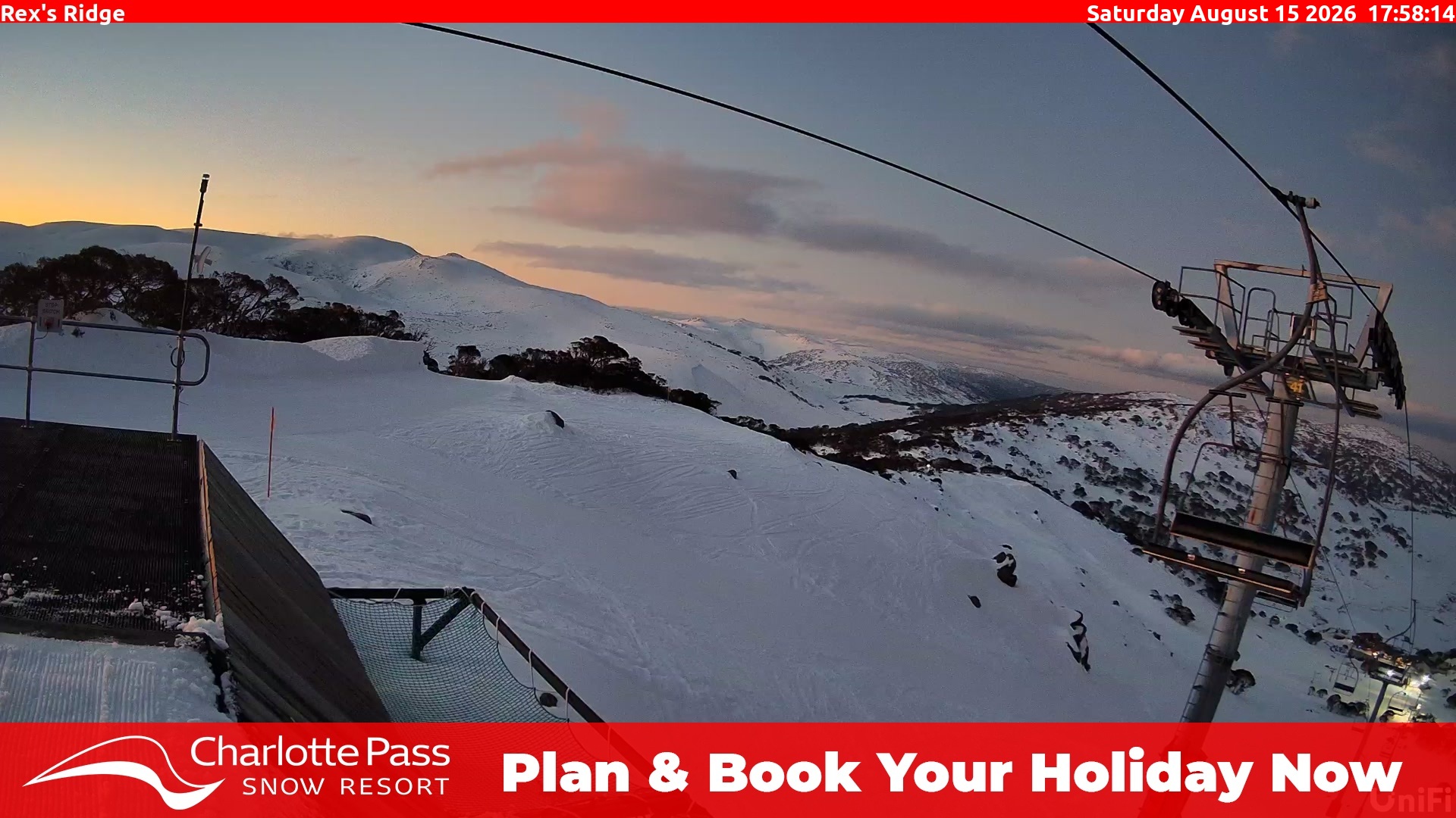 Charlotte Pass Rex's Ridge snow cam captured at 15 August 2026 at 6:05 pm AEST