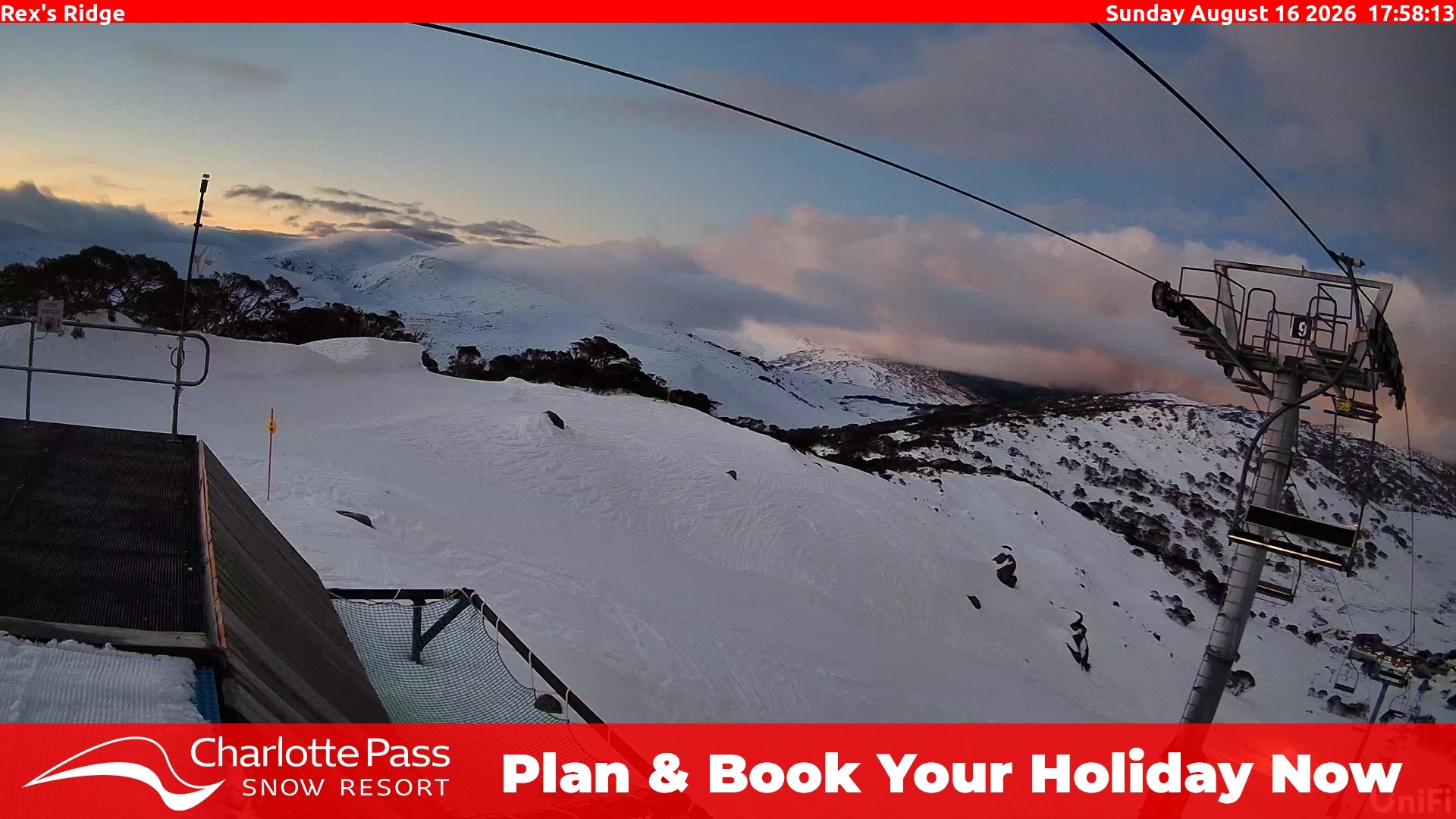 Charlotte Pass Rex's Ridge snow cam captured at 16 August 2026 at 6:06 pm AEST
