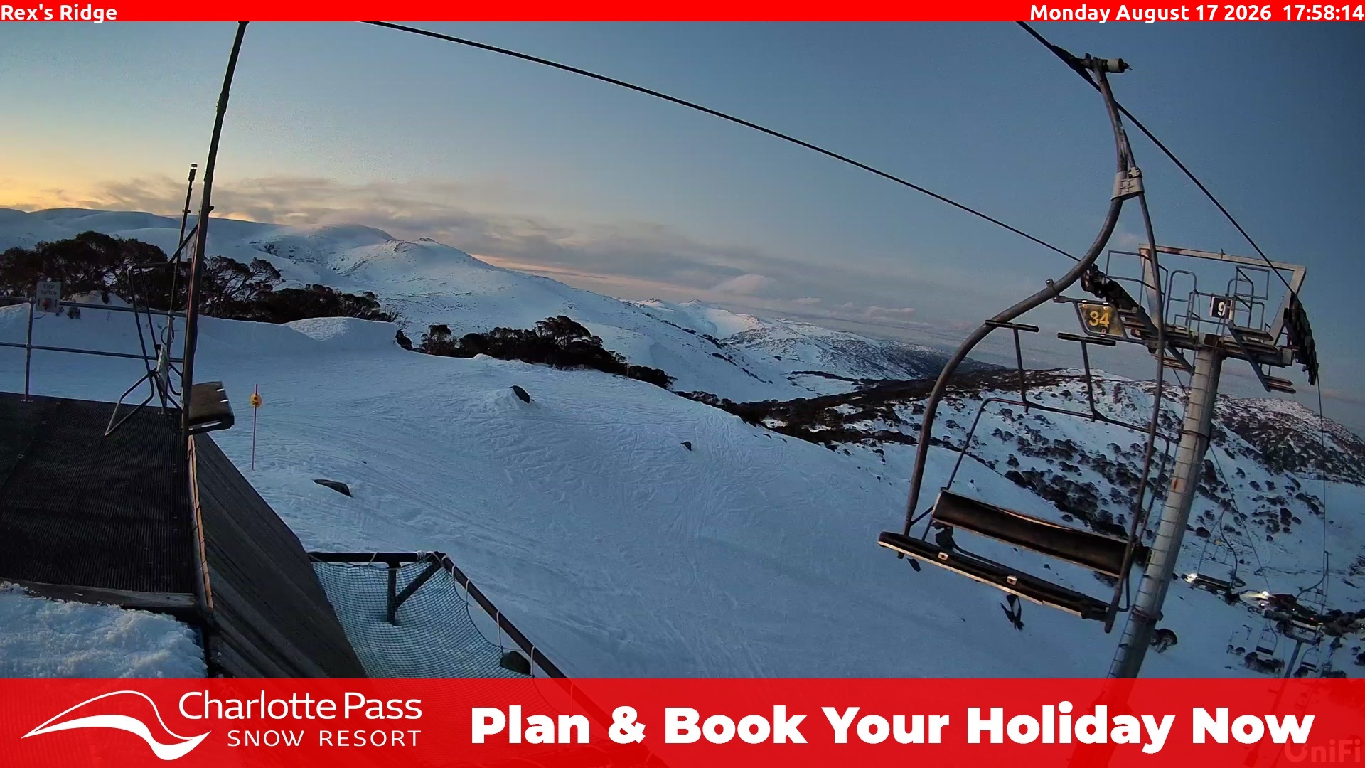 Charlotte Pass Rex's Ridge snow cam captured at 17 August 2026 at 6:07 pm AEST